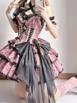 Robes Gothiques Lolita Fleurs Volants Imprimé Floral Rose Rose
