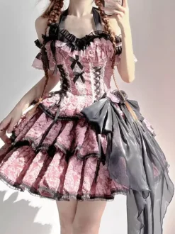 Robes Gothiques Lolita Fleurs Volants Imprimé Floral Rose Rose
