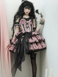 Robes Gothiques Lolita Fleurs Volants Imprimé Floral Rose Rose