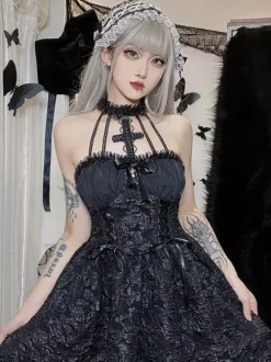 Robes Gothiques Lolita Volants Jacquard Noir