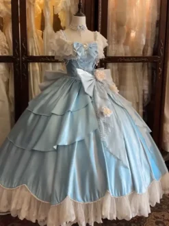 Robes Lolita féeriques bleues à n艙uds fleurs et volants longues robes Lolita en dentelle