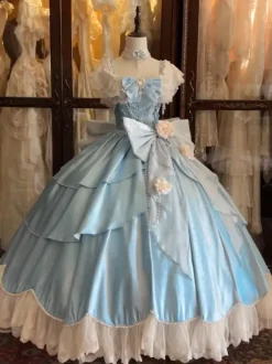 Robes Lolita féeriques bleues à n艙uds fleurs et volants longues robes Lolita en dentelle
