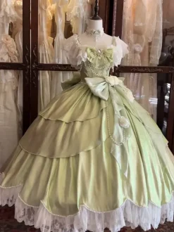 Robes Lolita féeriques bleues à n艙uds fleurs et volants longues robes Lolita en dentelle