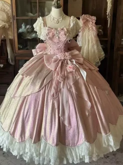 Robes Lolita féeriques bleues à n艙uds fleurs et volants longues robes Lolita en dentelle