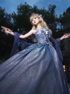 Robes Lolita féeriques bleues à n艙uds fleuris scintillants robes Lolita longues