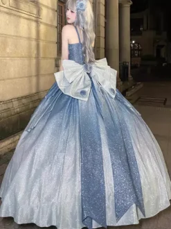 Robes Lolita féeriques bleues à n艙uds fleuris scintillants robes Lolita longues