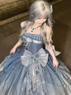 Robes Lolita féeriques bleues à n艙uds fleuris scintillants robes Lolita longues