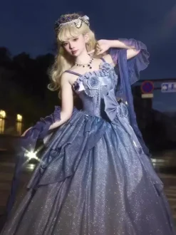 Robes Lolita féeriques bleues à n艙uds fleuris scintillants robes Lolita longues