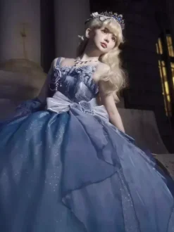 Robes Lolita féeriques bleues à n艙uds fleuris scintillants robes Lolita longues