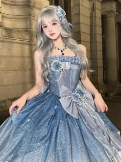 Robes Lolita féeriques bleues à n艙uds fleuris scintillants robes Lolita longues