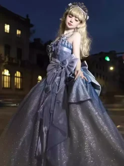 Robes Lolita féeriques bleues à n艙uds fleuris scintillants robes Lolita longues