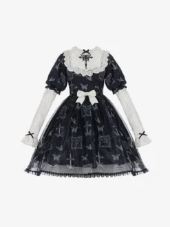 Robes Lolita Gothiques Noeuds Dentelle Motif Papillon Noir Noir