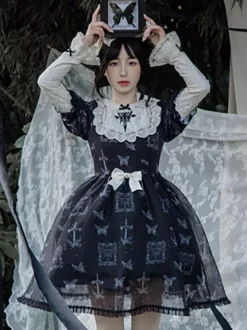 Robes Lolita Gothiques Noeuds Dentelle Motif Papillon Noir Noir