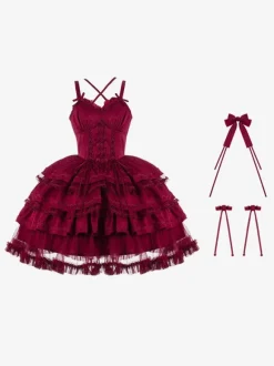 Robes Lolita Gothiques N艙uds Volants Bordeaux