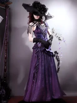 Robes Lolita gothiques pastel d'  à volants n艙ud papillon dentelle fleurs n艙uds violet romance gothique Lolita JSK