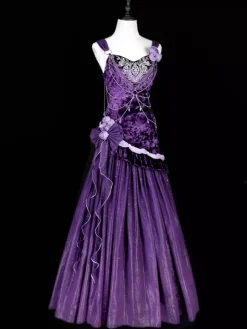 Robes Lolita gothiques pastel d'  à volants n艙ud papillon dentelle fleurs n艙uds violet romance gothique Lolita JSK
