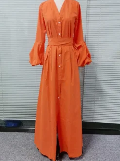 Robes Longues Femmes en Mousselines à Col Décolleté en V avec Manches Longues Amples Coupe Cintrée à Lacets Fente Sur Devant Unicolore Robes Longues Femmes