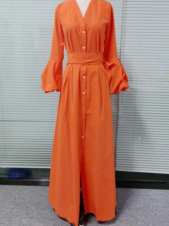 Robes Longues Femmes en Mousselines à Col Décolleté en V avec Manches Longues Amples Coupe Cintrée à Lacets Fente Sur Devant Unicolore Robes Longues Femmes