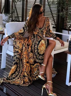 Robes Longues Imprimés Bohèmes Femmes à Col Décolleté en V avec Manches Longues Amples Coupe Cintrée à Lacets