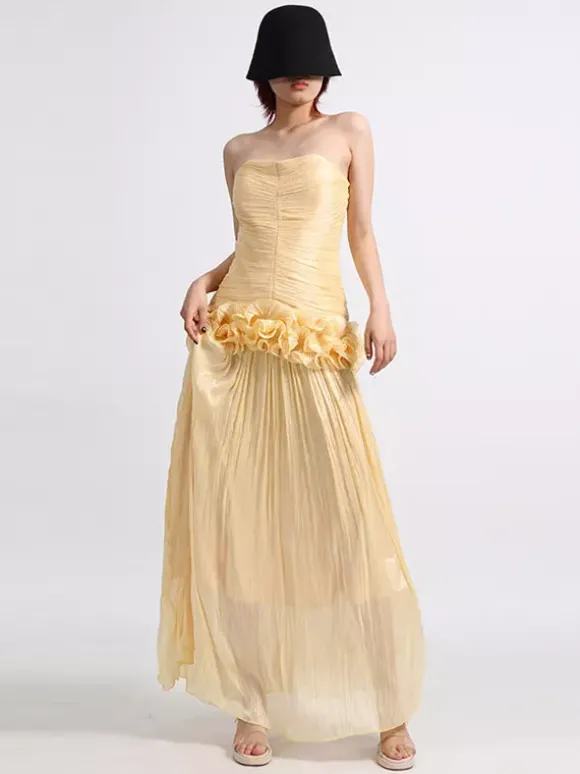 Robes maxi lilas sans bretelles à taille froncée pour femmes
