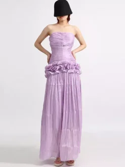 Robes maxi lilas sans bretelles à taille froncée pour femmes