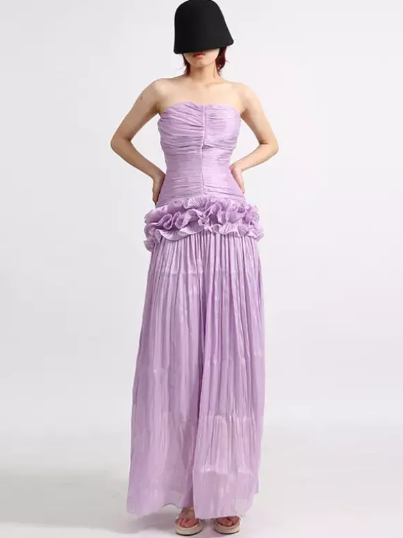 Robes maxi lilas sans bretelles à taille froncée pour femmes