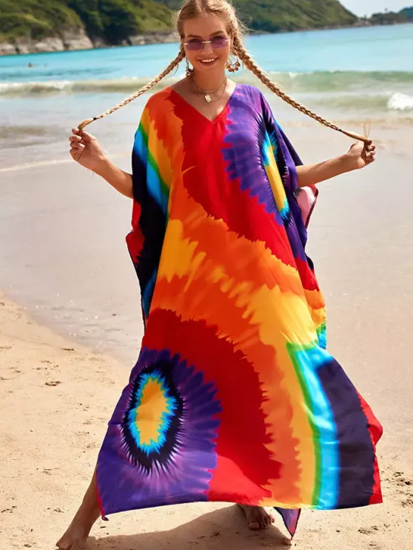 Robes maxi oversize à manches courtes imprimées col en V et manches chauve-souris maillots de bain rouges sportifs pour l'été