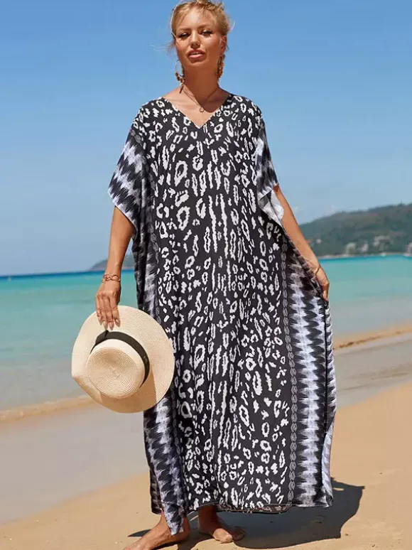 Robes maxi oversize à manches courtes imprimées col en V et manches chauve-souris maillots de bain rouges sportifs pour l'été