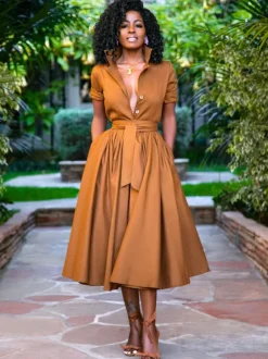 Robes Mi-longue Robes Chemise Orange Col Montant Ceinture Manches Courtes Superposé