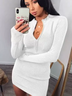 Robes Moulantes Robe Crayon Blanche À Col Polo Manches Longues Sexy
