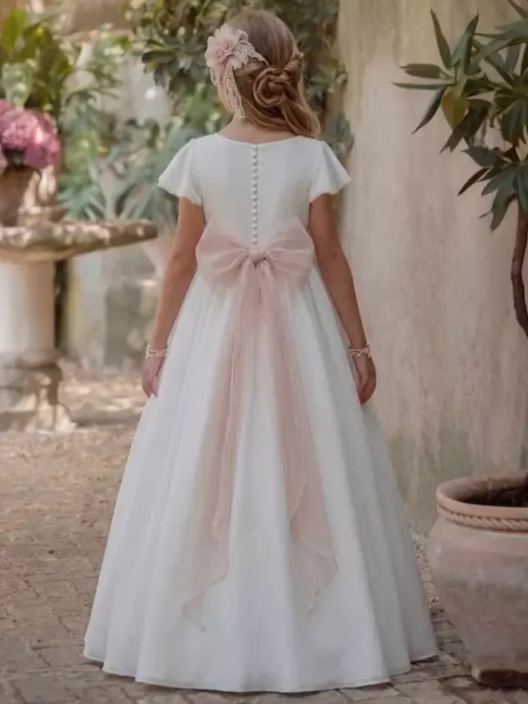 Robes blanches de demoiselle d'honneur en mousseline blanche à manches courtes et col rond