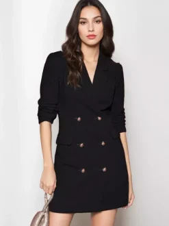 Robes Blazer Col Rabattu Boutons Manches Longues Femmes Mini Robes