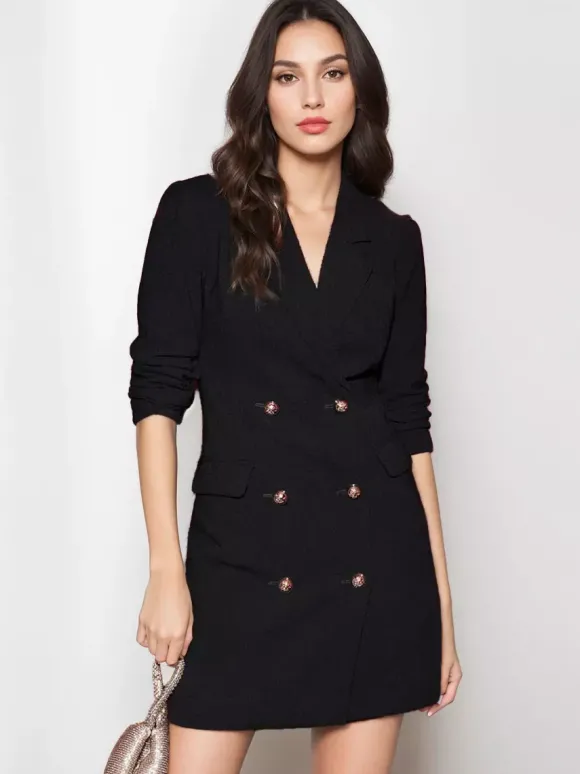 Robes Blazer Col Rabattu Boutons Manches Longues Femmes Mini Robes