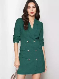 Robes Blazer Col Rabattu Boutons Manches Longues Femmes Mini Robes