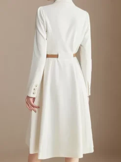 Robes Blazer Col Rabattu Ceinture Manches Longues Femmes Robe Midi