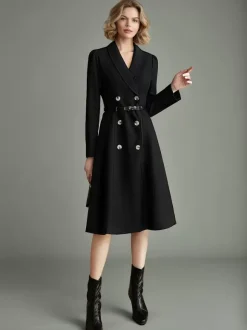 Robes Blazer Col Rabattu Ceinture Manches Longues Femmes Robe Midi