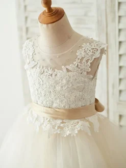 Robes cortège enfant a ceinture sans manches col montant robes de soirée pour enfants