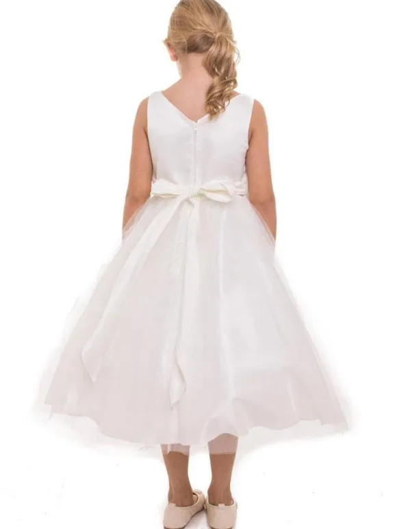 Robes cortège enfant champagne en dentelle col rond zip sur dos Robe fille de fleur