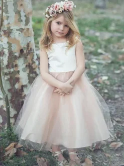 Robes cortège enfant champagne en dentelle col rond zip sur dos Robe fille de fleur
