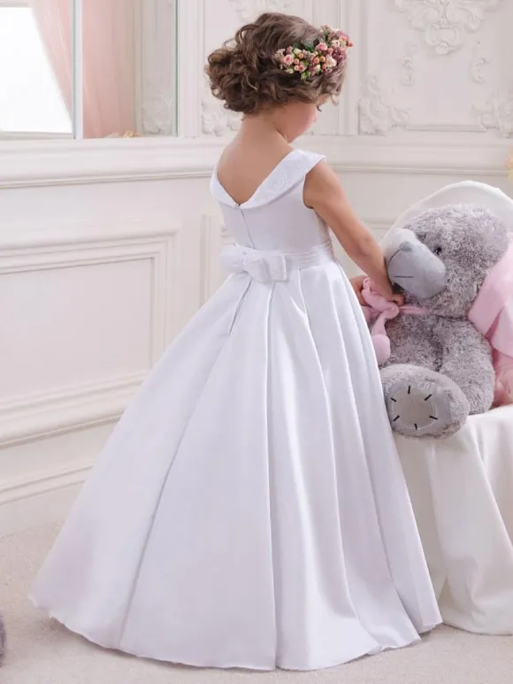 Robes cortège enfant col bateau en satin sans manches longueur au sol Robe de fille de fleur