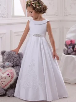 Robes cortège enfant col bateau en satin sans manches longueur au sol Robe de fille de fleur