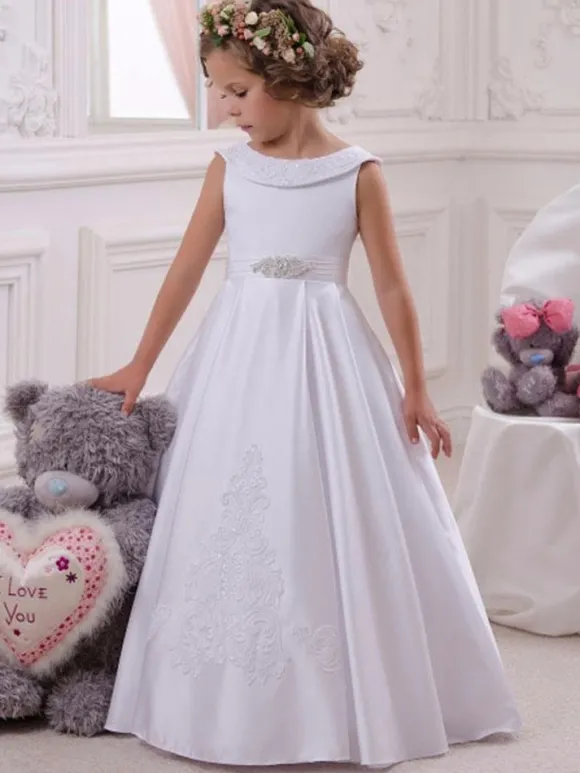 Robes cortège enfant col bateau en satin sans manches longueur au sol Robe de fille de fleur
