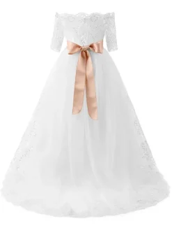 Robes cortège enfant col bateau manche courte en dentelle longueur au sol Robe fille de fleur