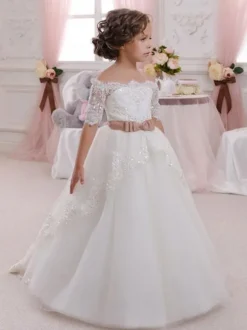 Robes cortège enfant col bateau manche courte en dentelle longueur au sol Robe fille de fleur