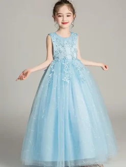 Robes cortège enfant col rond brodé en dentelles longueur de cheville Robe fille de fleur