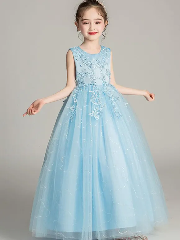 Robes cortège enfant col rond brodé en dentelles longueur de cheville Robe fille de fleur