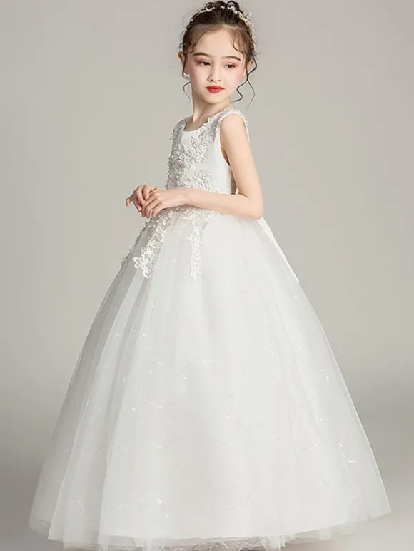 Robes cortège enfant col rond brodé en dentelles longueur de cheville Robe fille de fleur