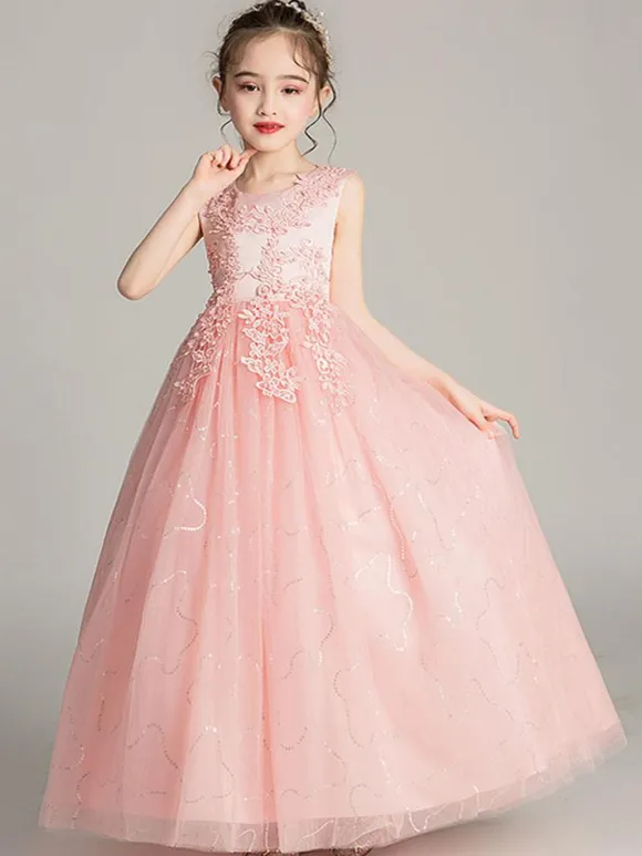 Robes cortège enfant col rond brodé en dentelles longueur de cheville Robe fille de fleur