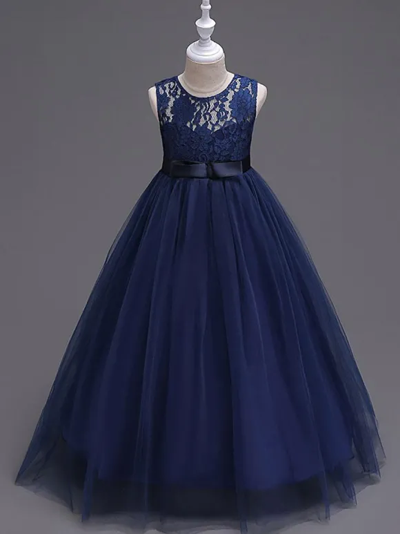 Robes cortège enfant col rond en dentelle jupe en tulle robe fille de fleur