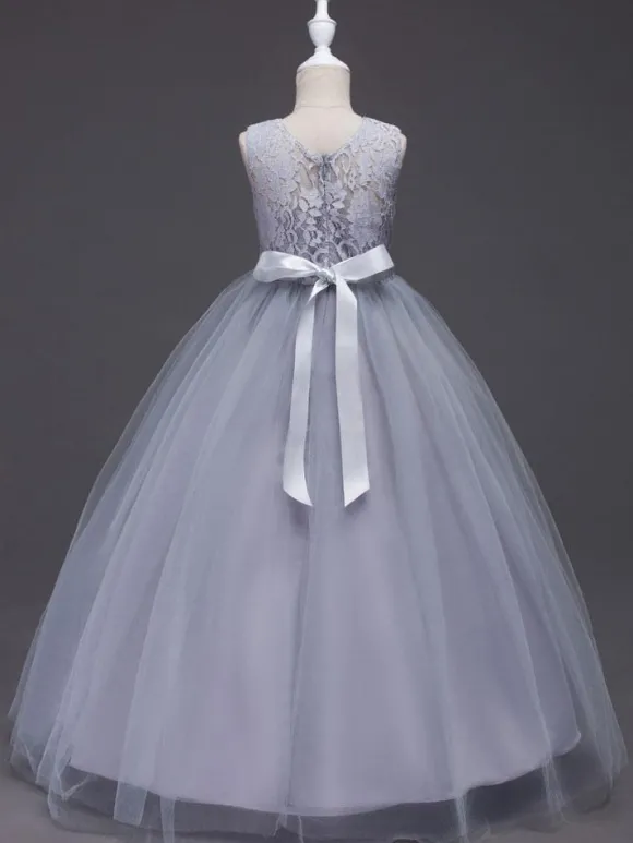 Robes cortège enfant col rond en dentelle jupe en tulle robe fille de fleur